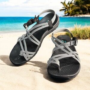 Skechers Reggae Irie Mon Outdoor Lifestyle Sandals Women Size 8 Black White